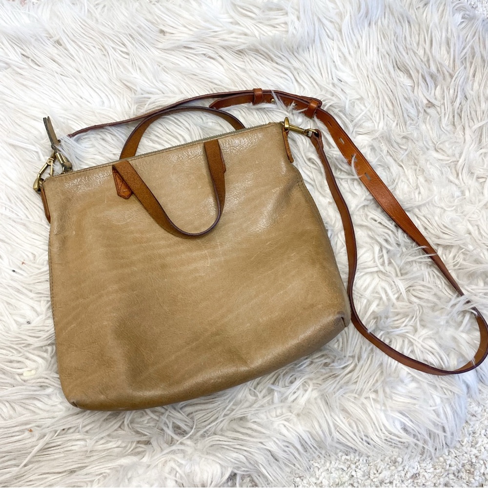 Madewell Small Zip Top Transport Tote Crossbody Two-Tone Taupe and Brown